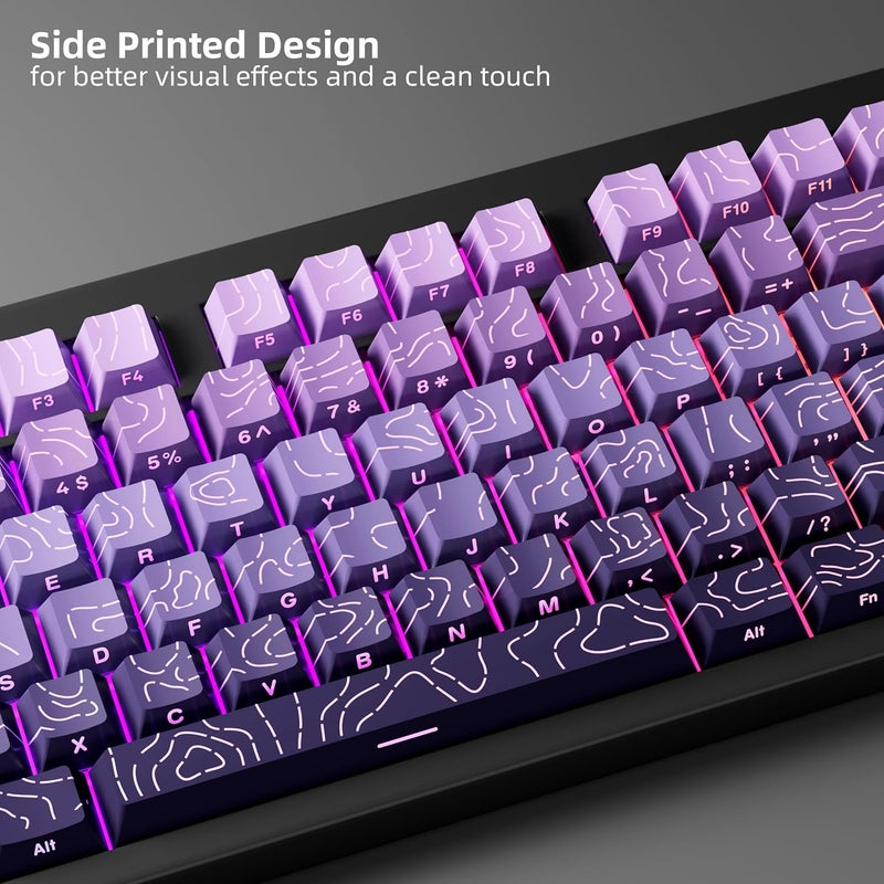 FunHub Shine Through PBT Keycaps - Purple Gradient Topographic Backlit Keycaps Set 133 Keys 60 65 75 100 Percent Cherry Profile,Side Printed Double Shot RGB Key Caps for MX Switches Gaming Keyboard - Image 2